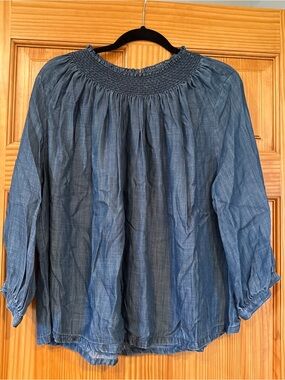 LOFT Chambray Smocked-Neck Peasant Blouse - Blue
